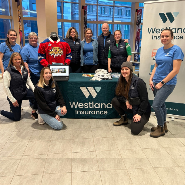 Westland Insurance employees at a booth at the Moncton Wildcats game.