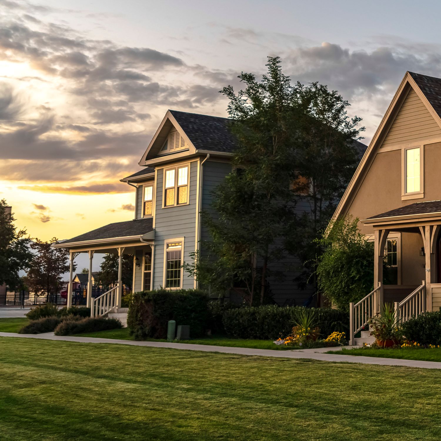 Square Row of houses on an estate at sunset